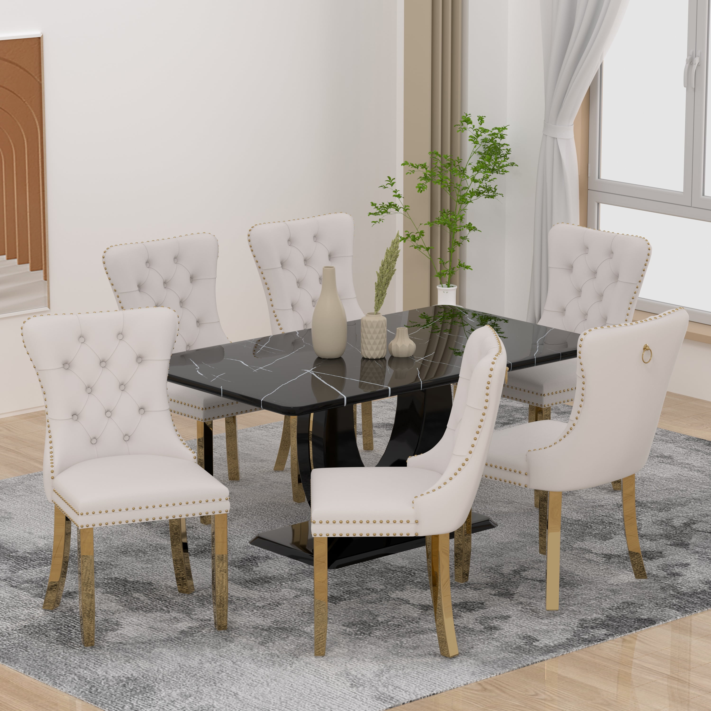 63" Modern Black Rectangle Faux Marble Dining Table Room Sets for 6 ...