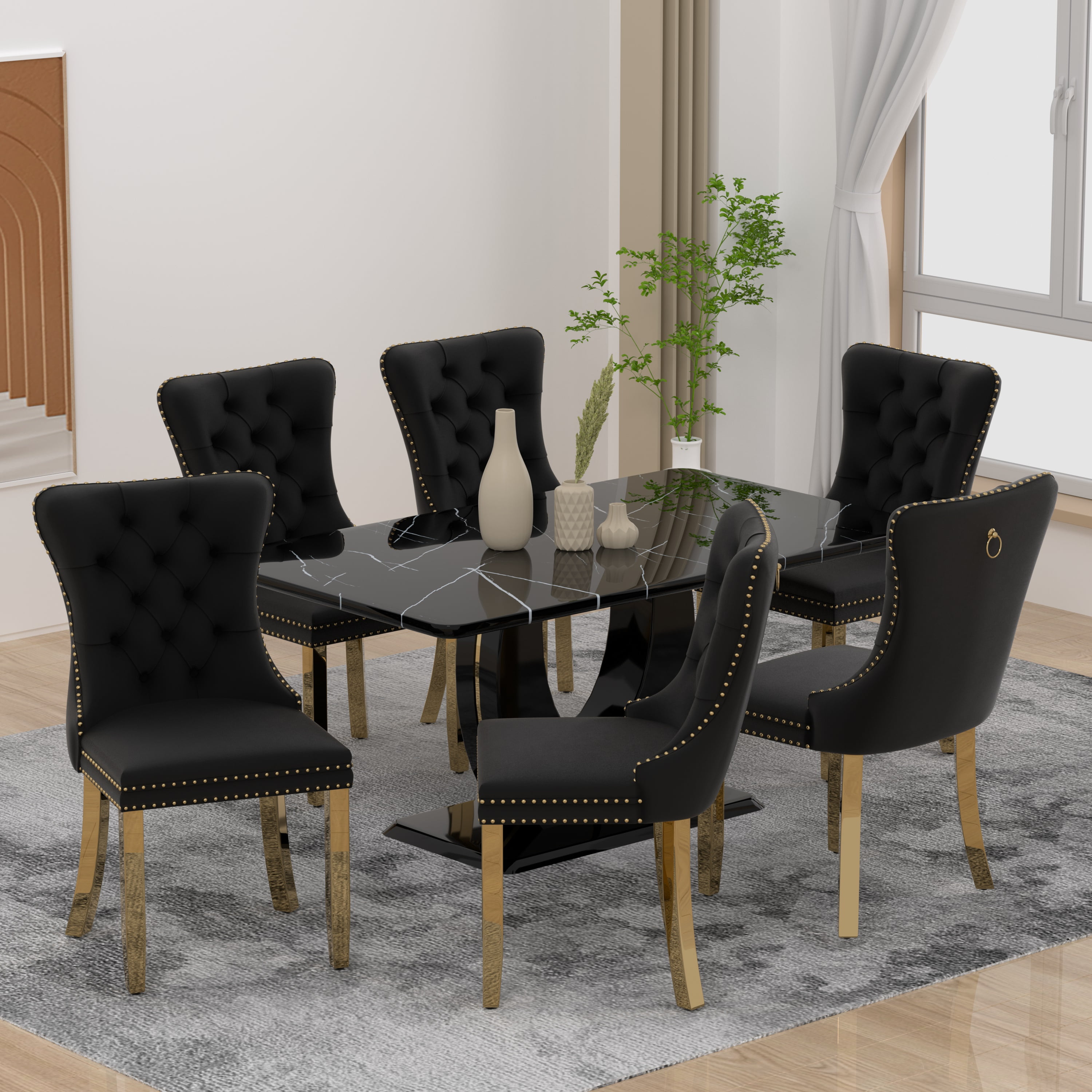 63" Modern Black Rectangle Faux Marble Dining Table Room Sets for 6 ...