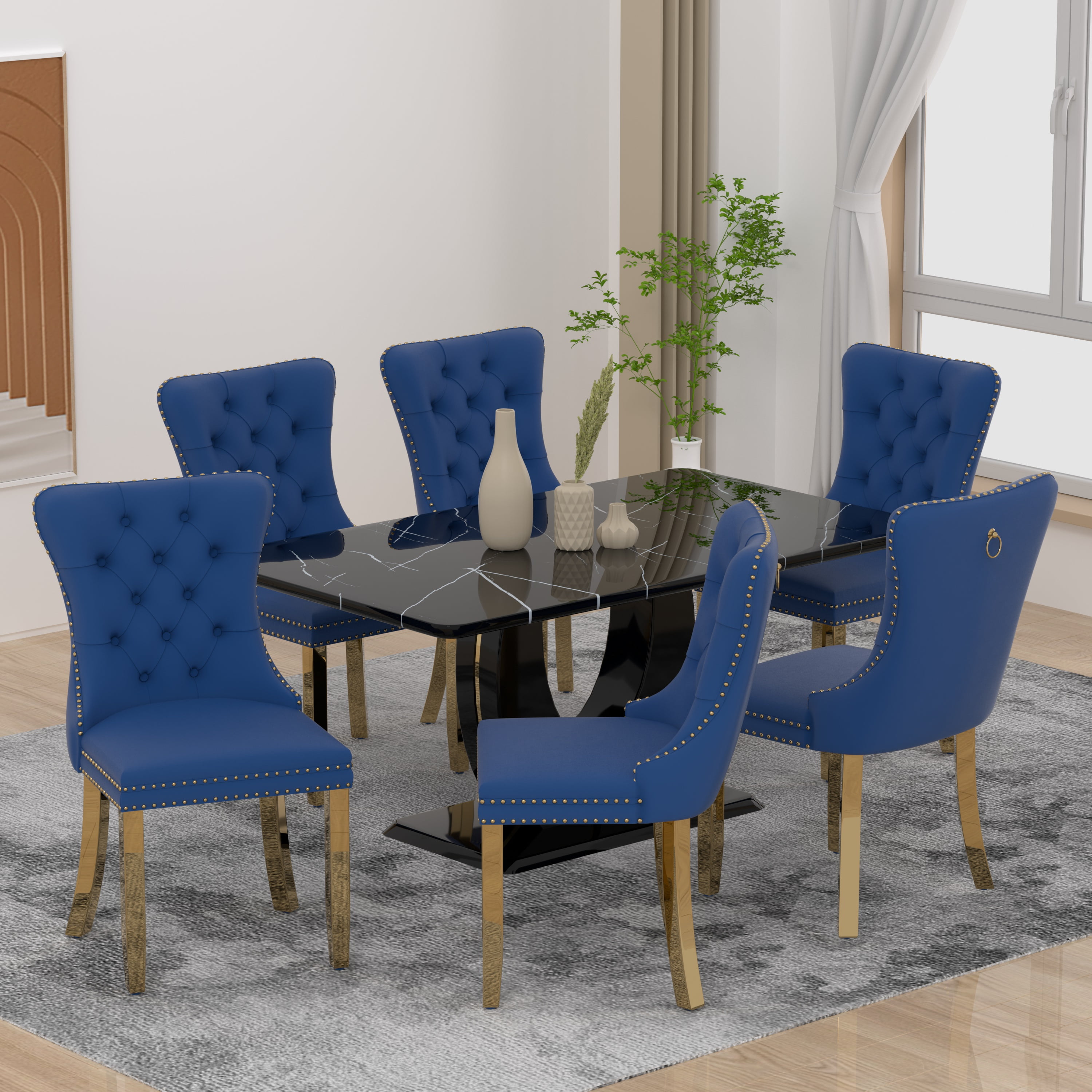 63" Modern Black Rectangle Faux Marble Dining Table Room Sets for 6 ...