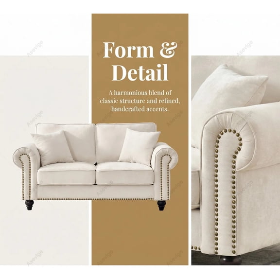 63" Modern Chenille Loveseat Sofa with Rolled Arms, Nailhead Trim & Solid Wood Legs — Beige Upholstered 2-Seater Couch for Living Room & Apartment