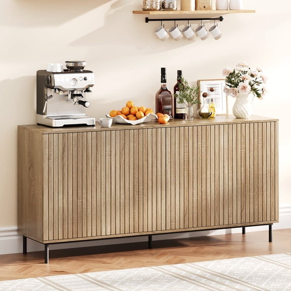 63" Modern Fluted Buffet Sideboard Cabinet with 4 Doors, Metal Legs, Adjustable Shelves – Kitchen, Dining, Living Room, or Entryway Console Table