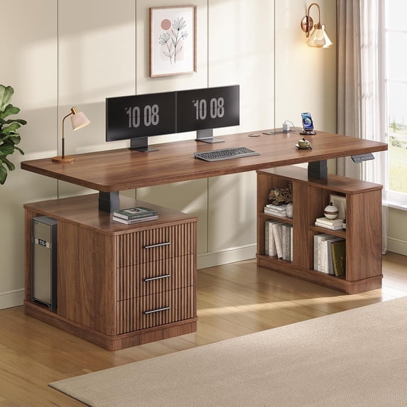 63" Modern Fluted Electric Standing Desk with 3 Drawers and Storage Shelves, Height Adjustable Computer Desk for Home Office, Study Writing Table