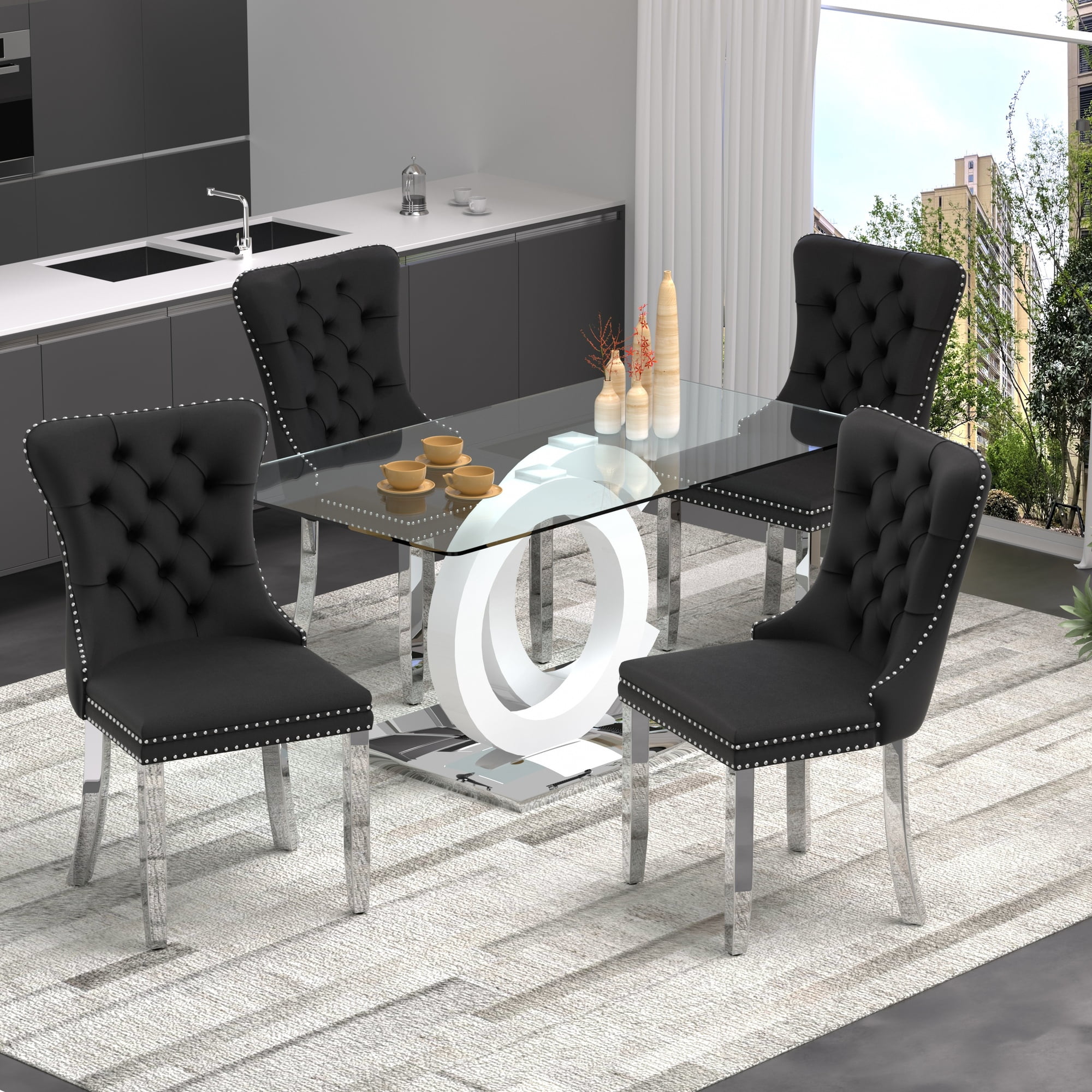 63" Modern Glass Dining Table Set with 4 Black Velvet Upholstered ...