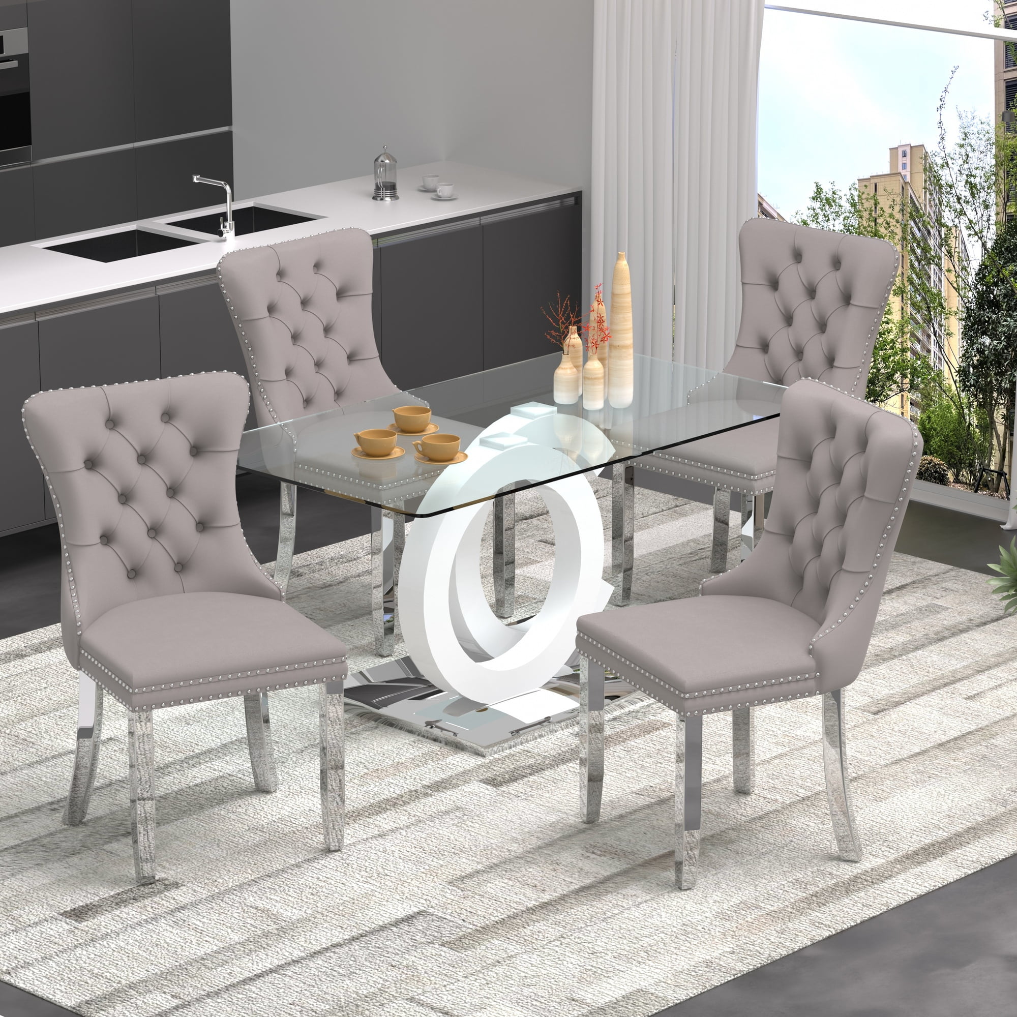 63" Modern Glass Dining Table Set with 4 Gray Velvet Upholstered Chairs ...