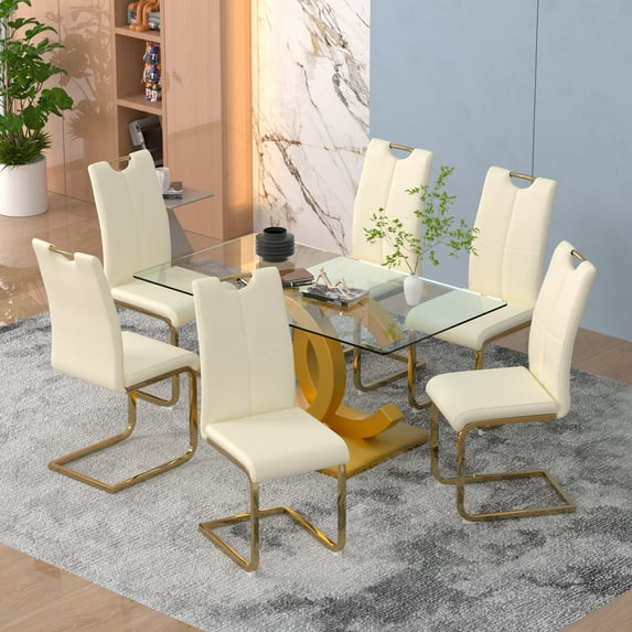 63" Modern Glass Dining Table Set with 6 Cream Pu Leather Chairs, 7 pieces of Dining room Set for Kitchen Dining Room Living Room Office