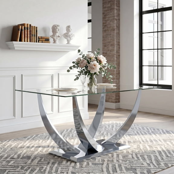 63" Modern Glass Dining Table, V-ShapedStainless Steel Base, 0.39" Tempered Glass Top, for Apartments, Kitchen