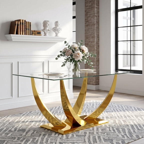 63" Modern Glass Dining Table, V-ShapedStainless Steel Base, 0.39" Tempered Glass Top, for Apartments, Kitchen