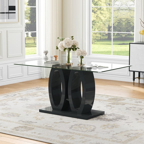 63" Modern Glass Dining Table for 6, Rectangular Tempered Glass Top and Double O-Shape Glossy Wood Frame Base for Dining Room, Home Office, Meeting