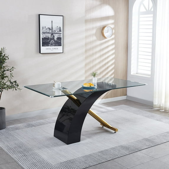 63" Modern Glass Dining Table for 6, Rectangular Tempered Glass Top and X-Shape Base for Dining Room, Home Office, Meeting