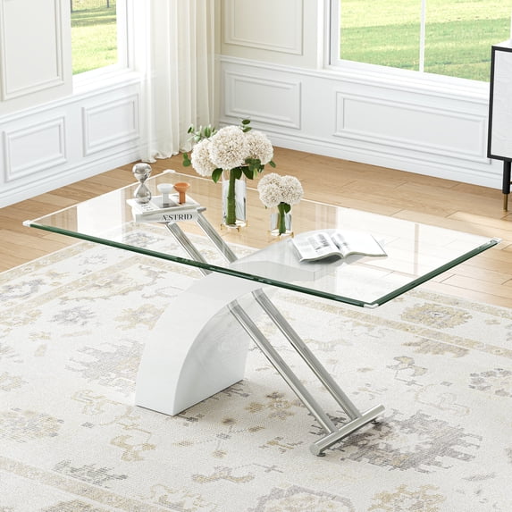 63" Modern Glass Dining Table for 6, Rectangular Tempered Glass Top and X-Shape Base for Dining Room, Home Office, Meeting