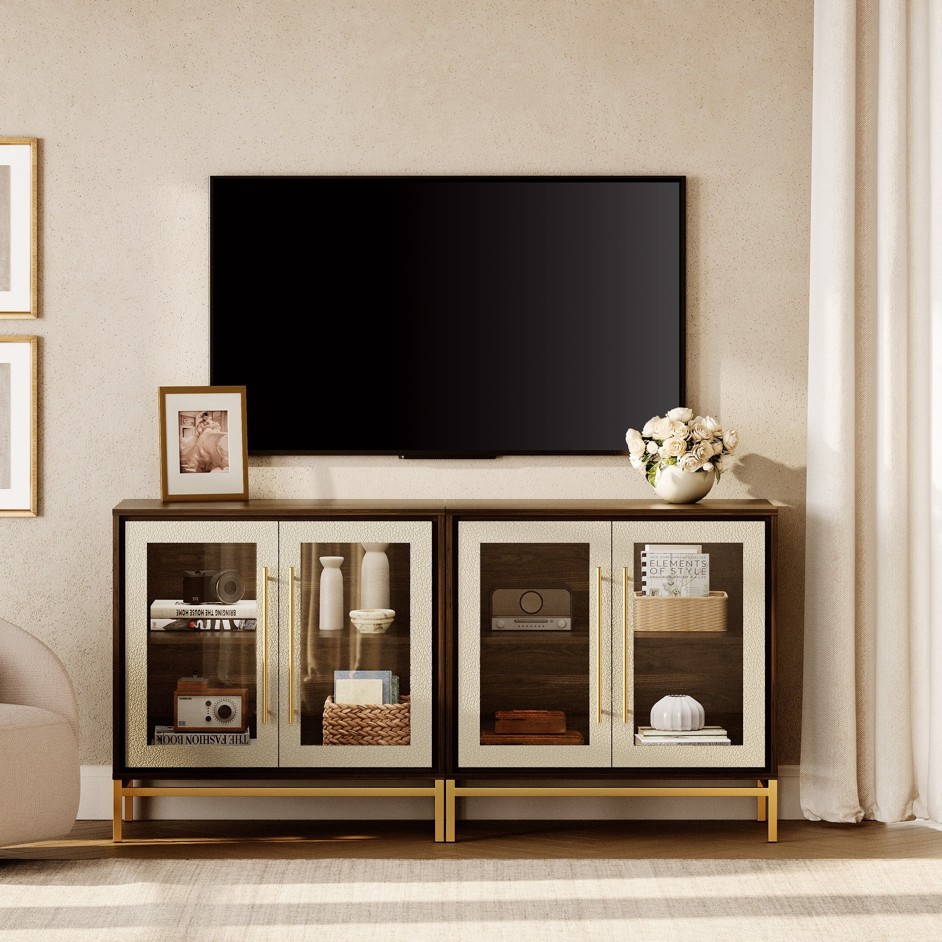 63" Modern Glass Leather-Textured Door TV Stand for TVs ups to 70"