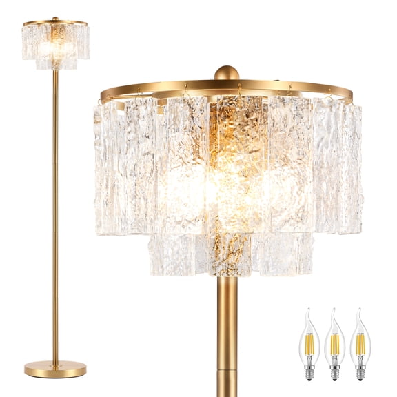63" Modern Gold Floor Lamp with Textured Glass Shade, 3-Light Standing Lamp for Living Room, Bedroom, Office, 3 LED Bulbs Included