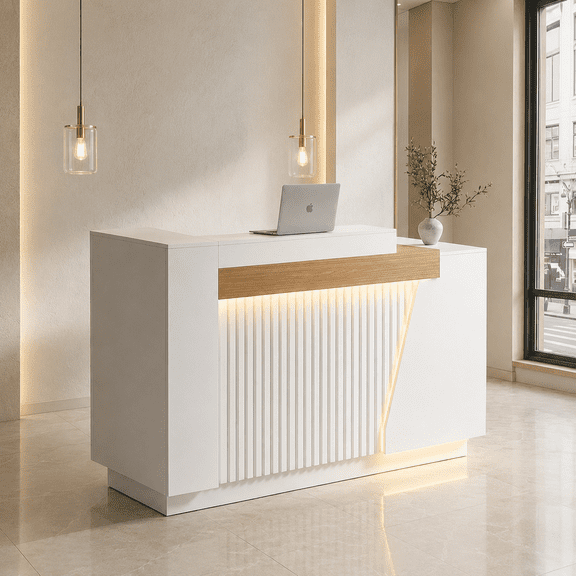 63" Modern Reception Desk with Left Counter, White Front Desk Counter with Built-In Outlets, Combination Lock Drawers & LED Lights for Office, Salon & Retail