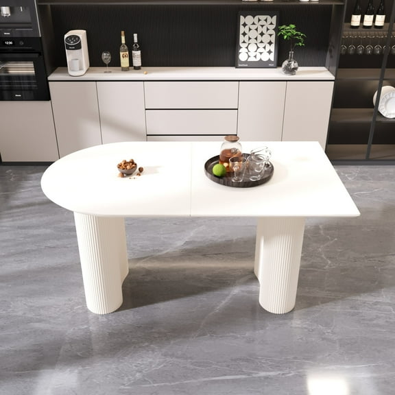 63" Modern MDF New Cream Style Dining Table and Irregular Side Table, 4-8 Person Dining Table, Thick Engineering Wood Round Wave Table Legs, Home Kitchen Thick Elegant Cream White Assembly Table Top