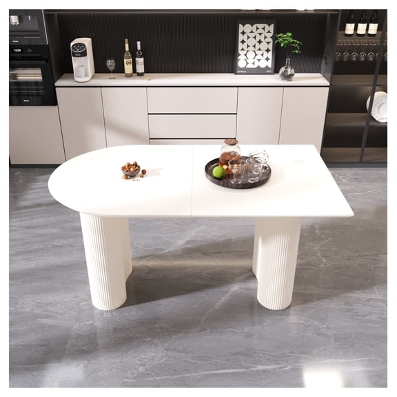 63 "Modern MDF New Cream Style Dining Table and Irregular Side Table, 4-8 Person Dining Table, Thick Engineering Wood Round Wave Table Legs, Home Kitchen Thick Elegant Cream White Assembly Table Top