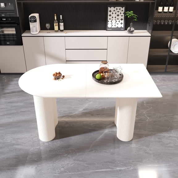 63 "Modern MDF New Cream Style Dining Table and Irregular Side Table, 4-8 Person Dining Table, Thick Engineering Wood Round Wave Table Legs, Home Kitchen Thick Elegant Cream White Assembly Table Top