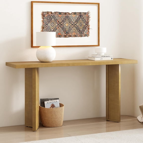 63" Modern Minimalist Extra Long Console Table, Pine Veneer Sofa Side Table with Geometric Legs, Versatile Buffet Sideboard for Entryway, Hallway, Living Room, Study and Dining Room (Natural-08)