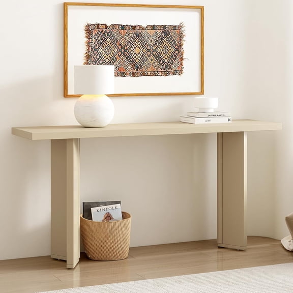 63" Modern Minimalist Extra Long Console Table, Pine Veneer Sofa Side Table with Geometric Legs, Versatile Buffet Sideboard for Entryway, Hallway, Living Room, Study and Dining Room (Beige-08)