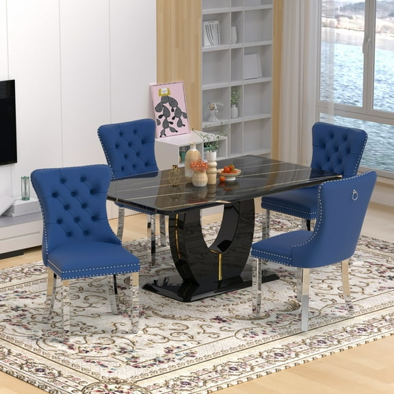 63" Modern Rectangle Faux Marble Dining Table Room Sets for 4,Dining Table with 4 Velvet Dining Chairs,Black Table and 4 Blue Chairs with Silver Leg