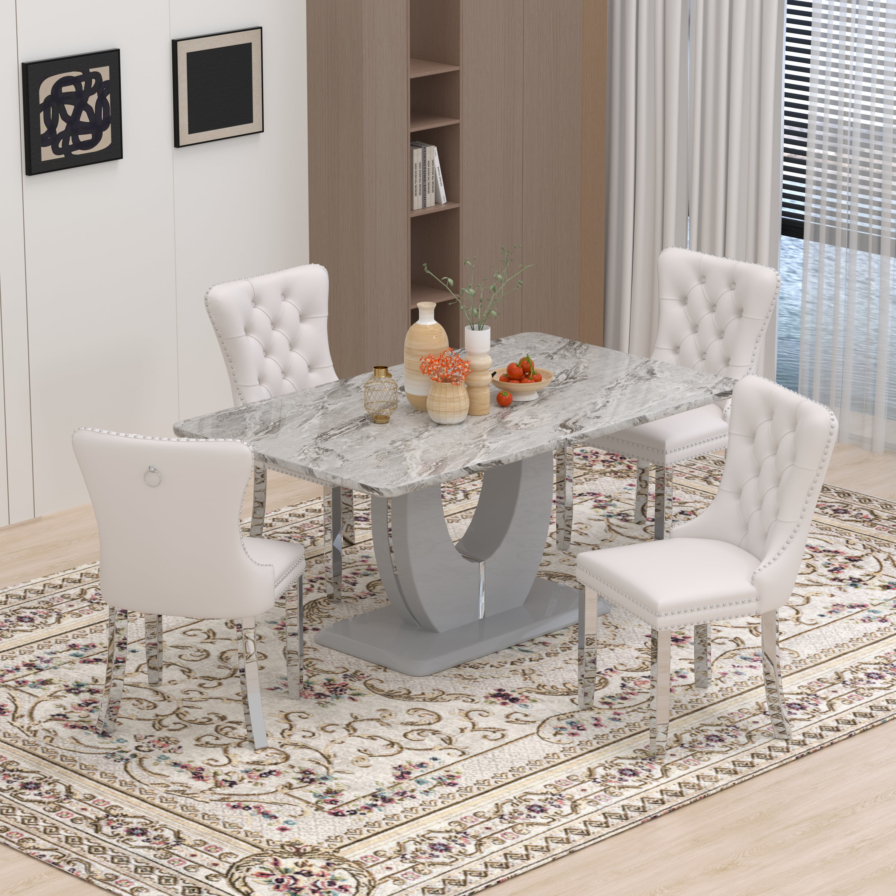 63" Modern Rectangle Faux Marble Dining Table Room Sets for 4,Dining