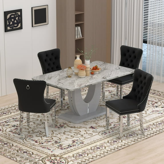 63" Modern Rectangle Faux Marble Dining Table Room Sets for 4,Dining Table with 4 Velvet Dining Chairs,Gray Table and 4 Black Chairs with Silver Leg