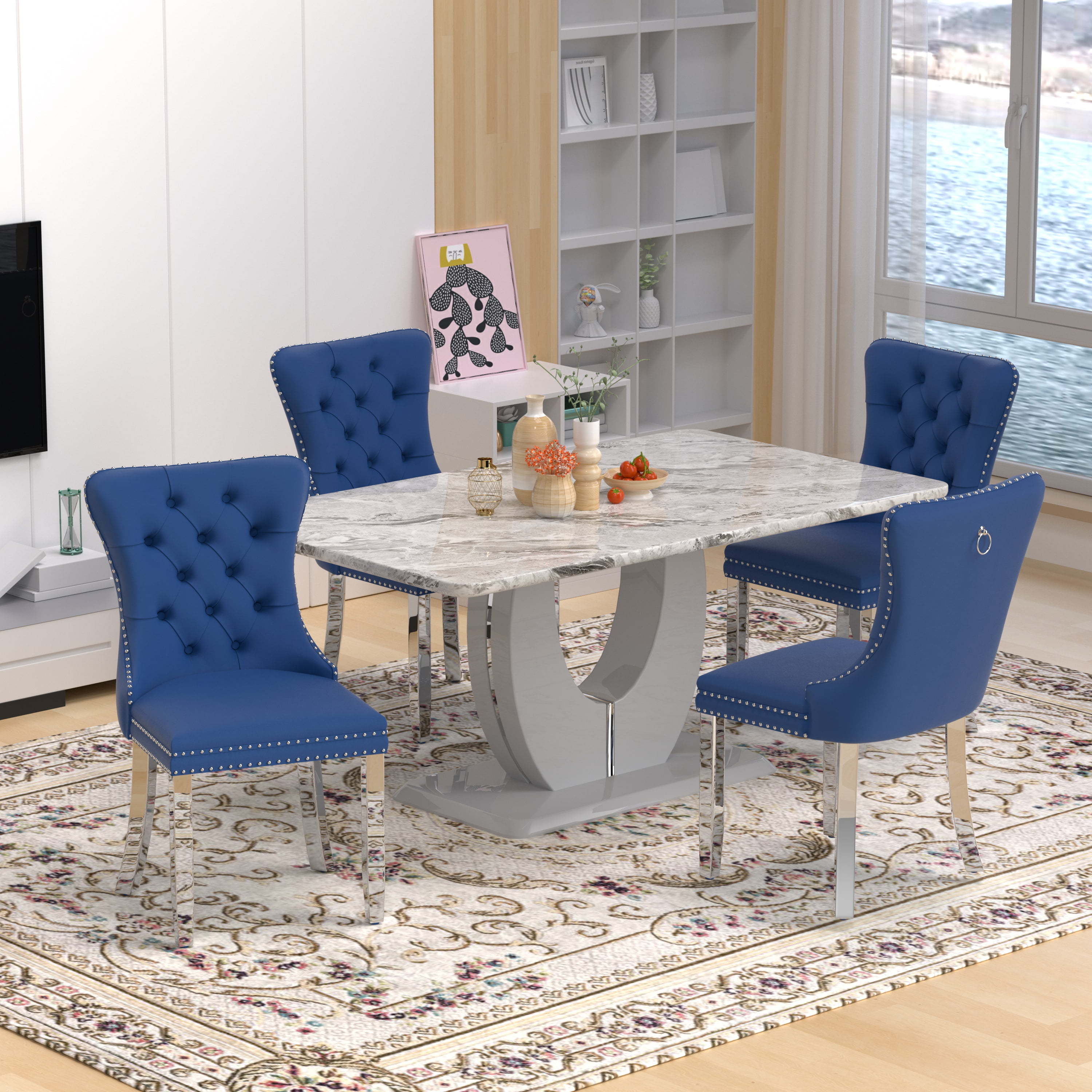 63" Modern Rectangle Faux Marble Dining Table Room Sets for 4,Dining ...