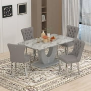 63" Modern Rectangle Faux Marble Dining Table Room Sets for 4,Dining Table with 4 Velvet Dining Chairs,Gray Table and 4 Gray Chairs with Silver Leg
