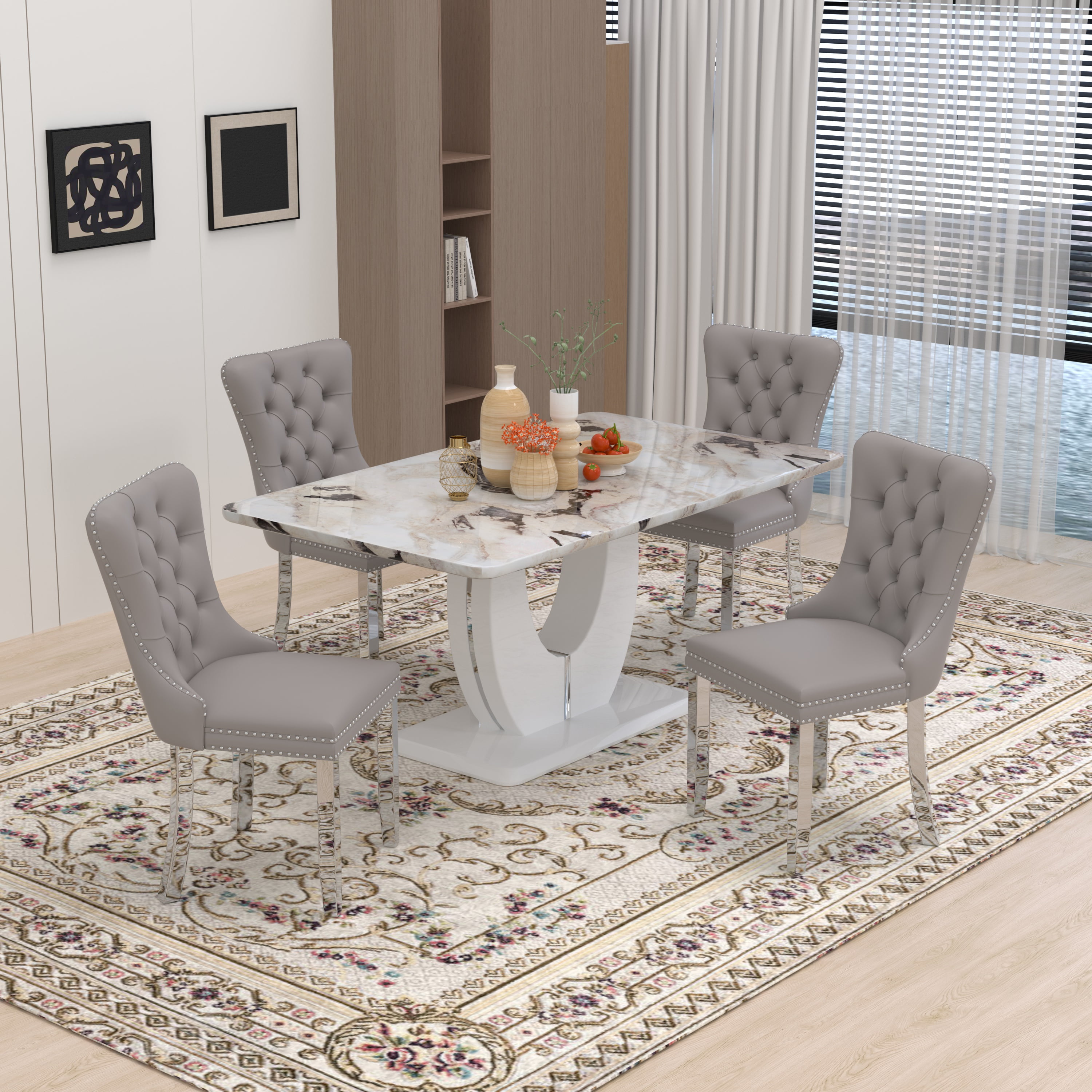 63" Modern Rectangle Faux Marble Dining Table Room Sets for 4,Dining ...