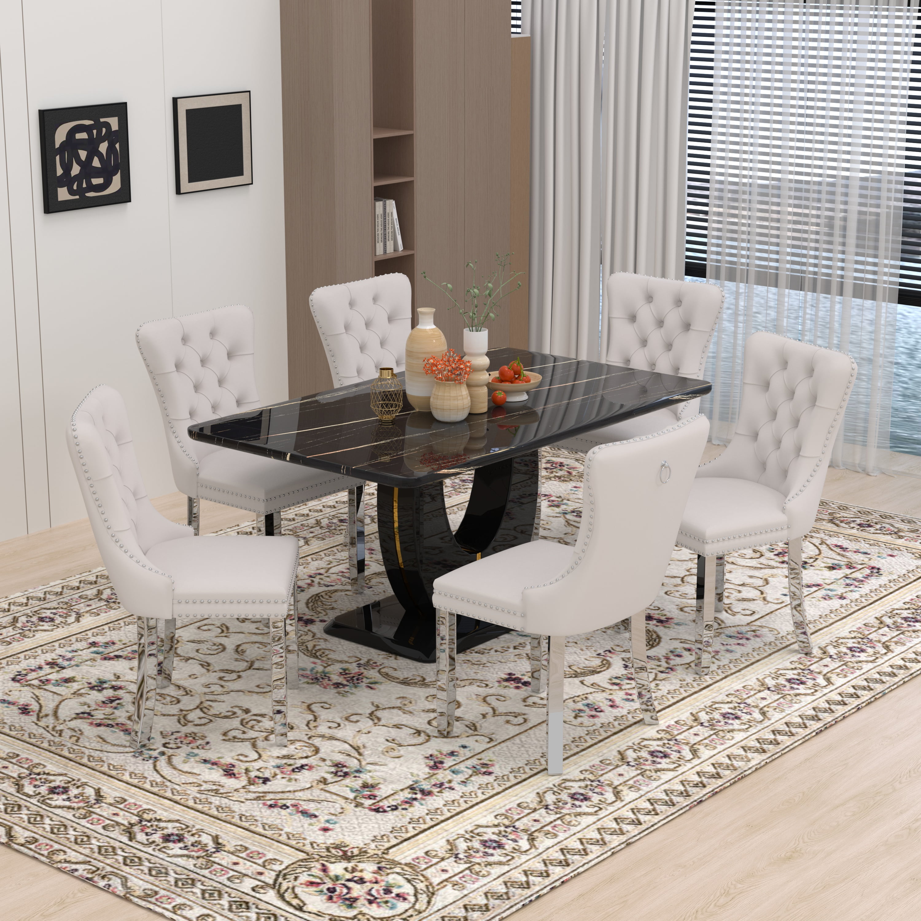 63" Modern Rectangle Faux Marble Dining Table Room Sets for 6,Dining ...