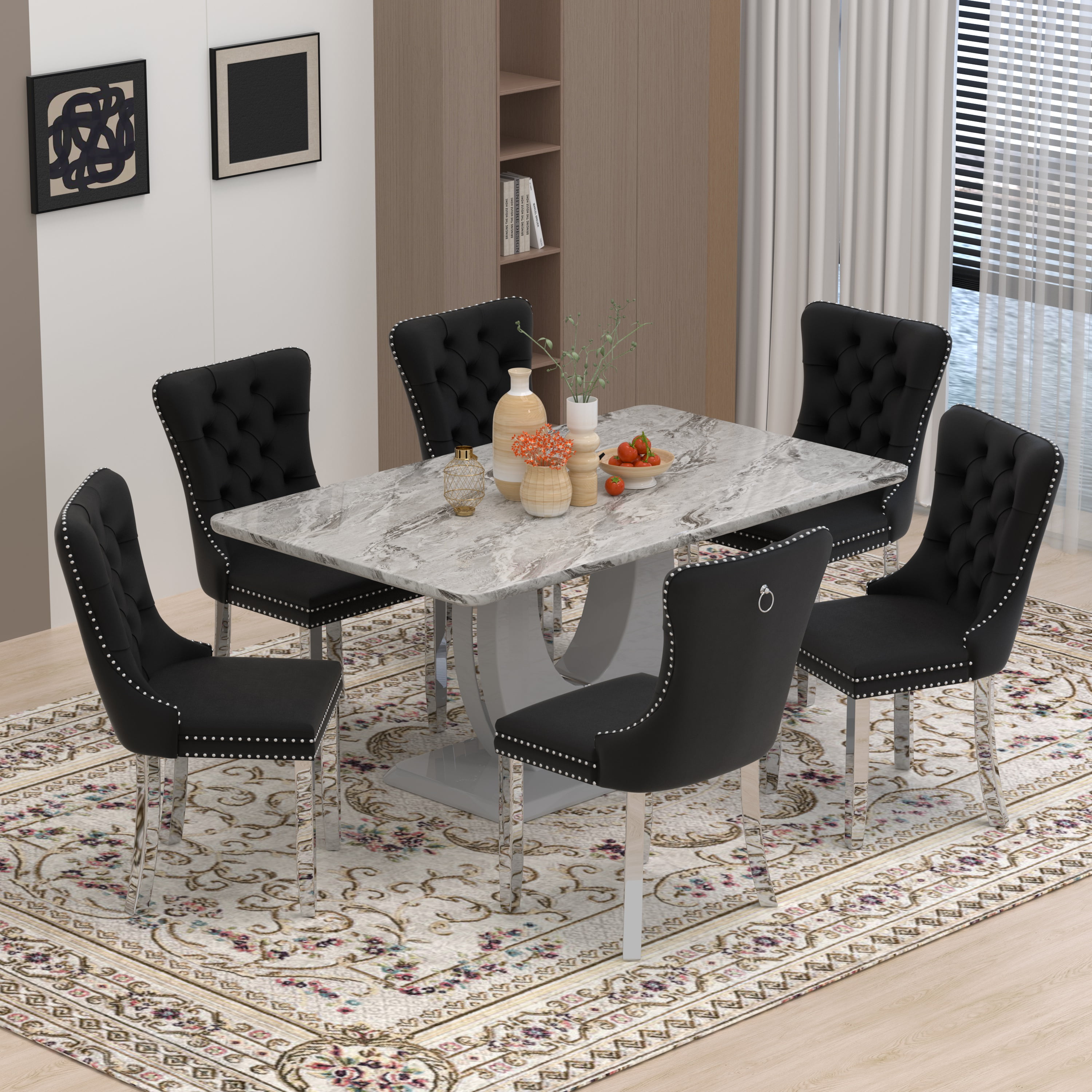 63" Modern Rectangle Faux Marble Dining Table Room Sets for 6,Dining ...