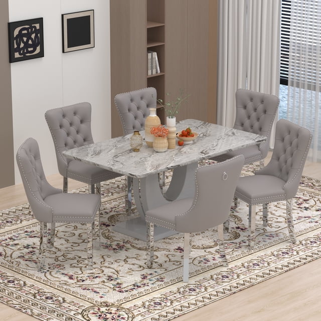 63" Modern Rectangle Faux Marble Dining Table Room Sets for 6,Dining ...