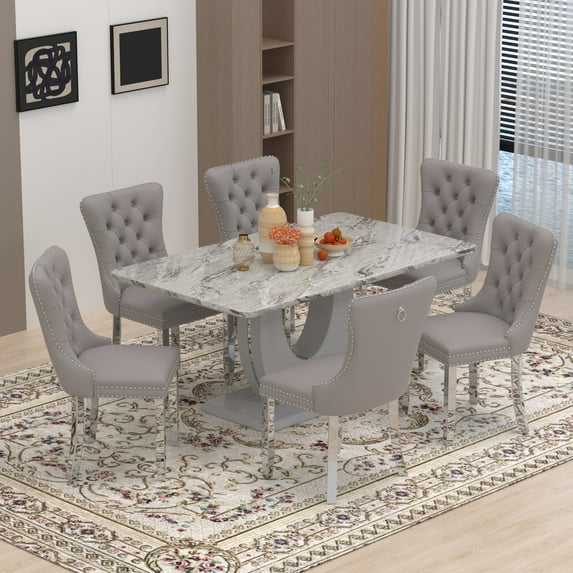 63" Modern Rectangle Faux Marble Dining Table Room Sets for 6,Dining Table with 6 Velvet Dining Chairs,Gray Table and 6 Gray Chairs with Silver Leg