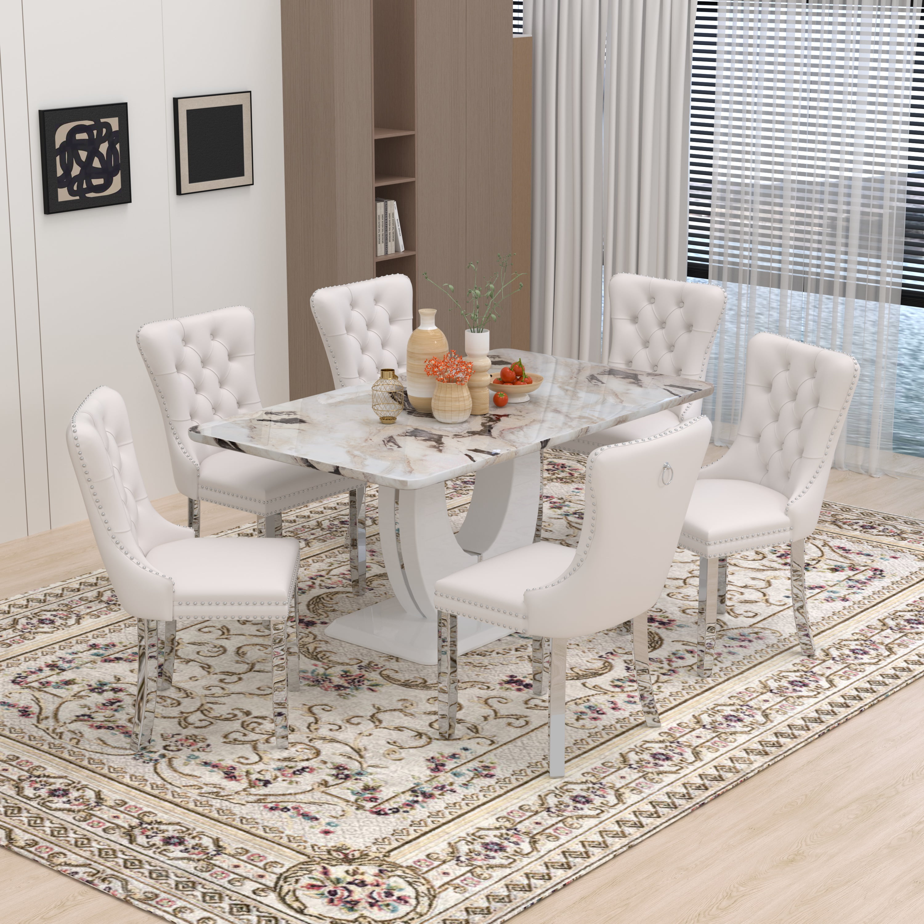63" Modern Rectangle Faux Marble Dining Table Room Sets for 6,Dining ...