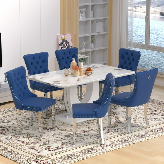 63" Modern Rectangle Faux Marble Dining Table Room Sets for 6,Dining Table with 6 Velvet Dining Chairs,White Table and 6 Blue Chairs with Silver Leg