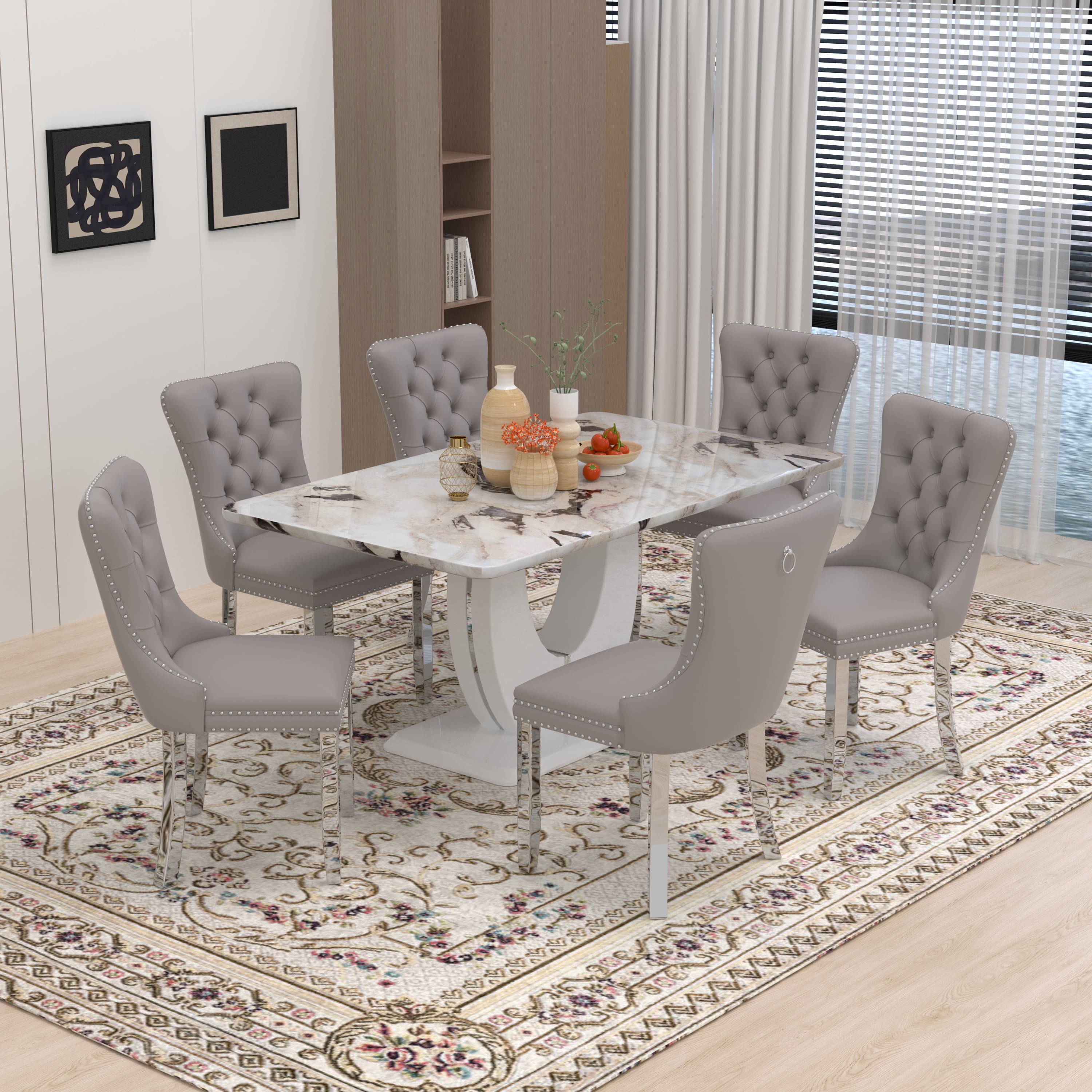 63" Modern Rectangle Faux Marble Dining Table Room Sets for 6,Dining ...