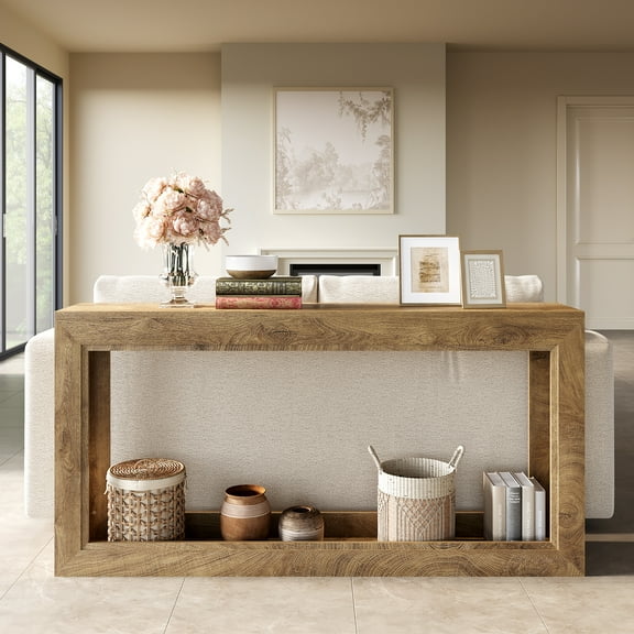 63" Modern Rectangular Console Table with Open Shelf, MDF Wood Grain Entryway Table for Hallway or Living Room