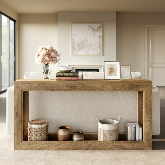 63" Modern Rectangular Console Table with Open Shelf, MDF Wood Grain Entryway Table for Hallway or Living Room