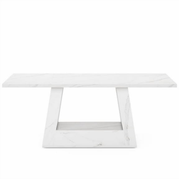 63" Modern Rectangular Dining Table for 4 to 6 People, White Faux Marble Kitchen Table with Sturdy Trapezoid Base, Elegant Wood Veneer Dinner Table for Dining Room, Office, or Living Room