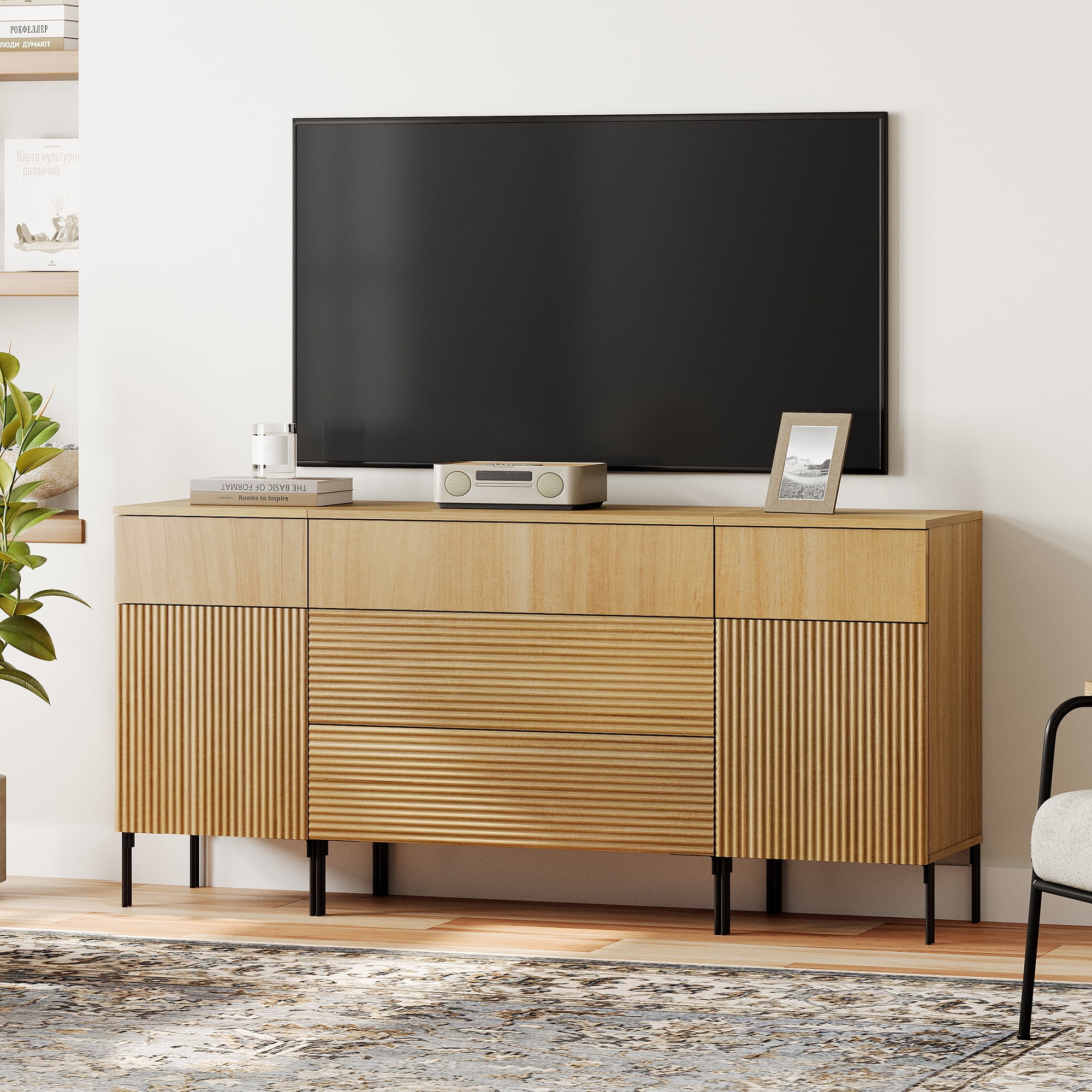 63" Modern Reeded Dresser TV Stand with Drawers, Entertainment Center with Charging Station, Wooden TV Console with Storage for Living Room