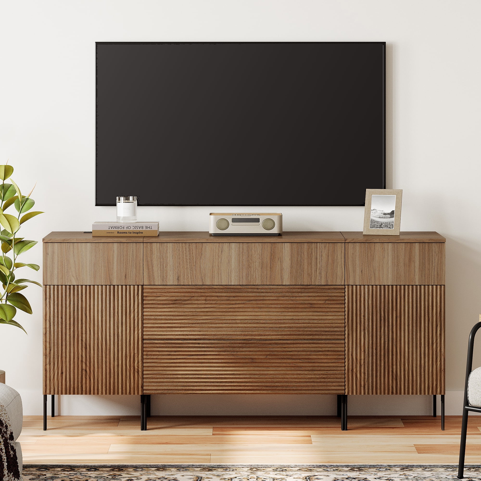 63" Modern Reeded Dresser TV Stand with Drawers, Entertainment Center with Charging Station, Wooden TV Console with Storage for Living Room