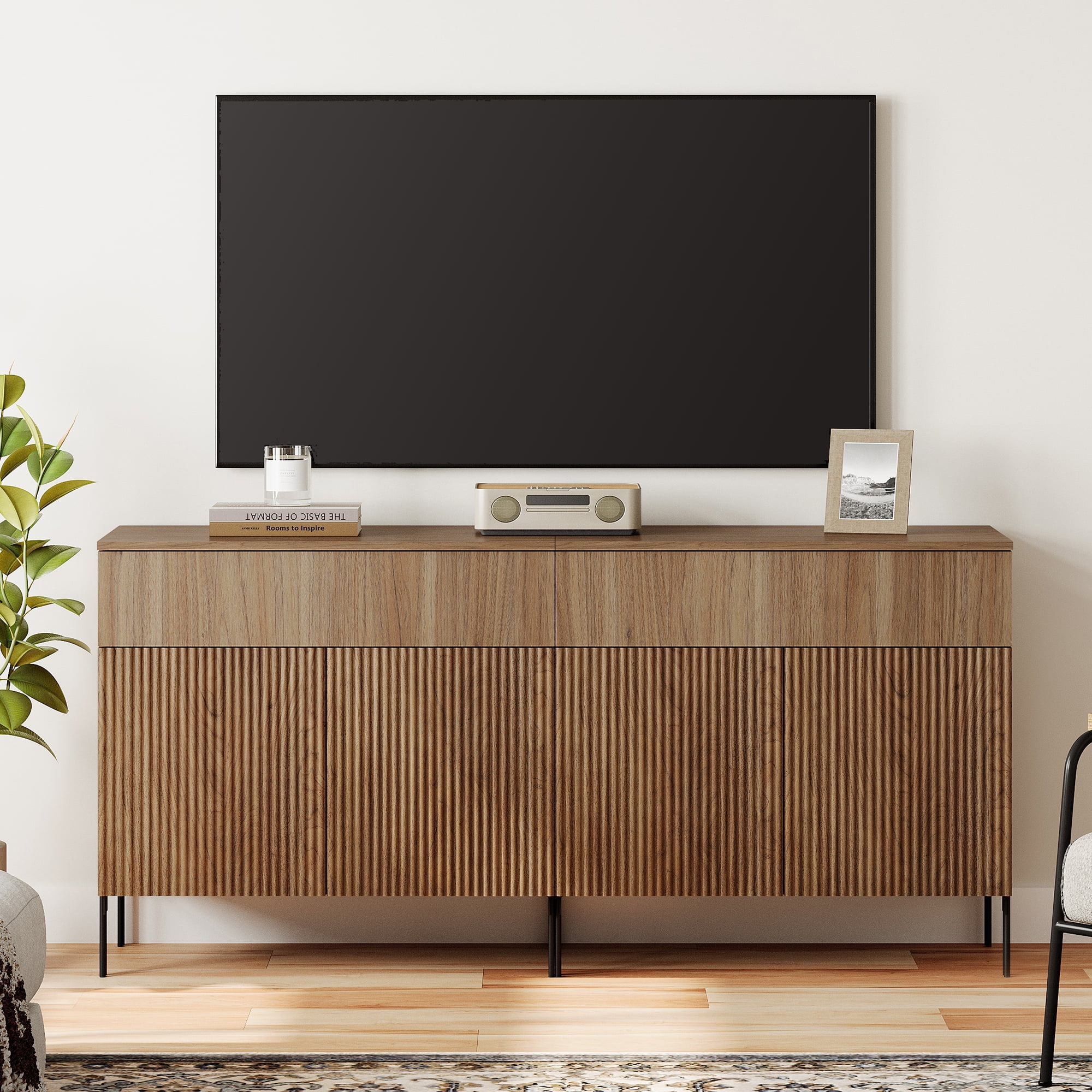 63" Modern Reeded TV Stand with Doors, Entertainment Center with Shelf, Wooden TV Console with Drawers for Living Room
