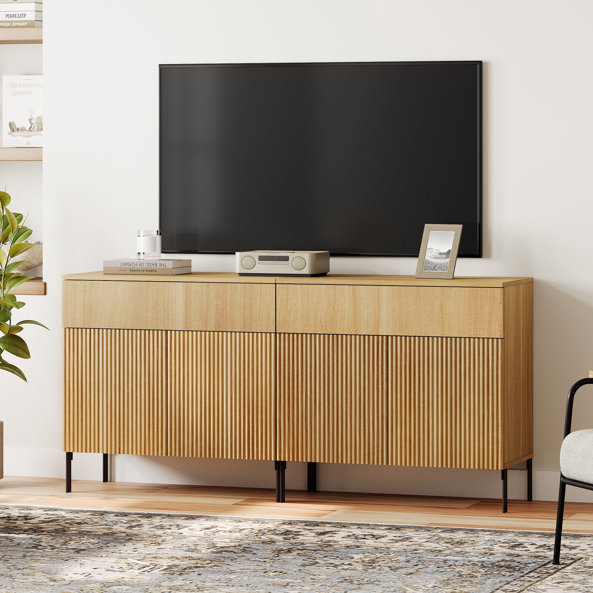63" Modern Reeded TV Stand with Doors, Entertainment Center with Shelf, Wooden TV Console with Drawers for Living Room