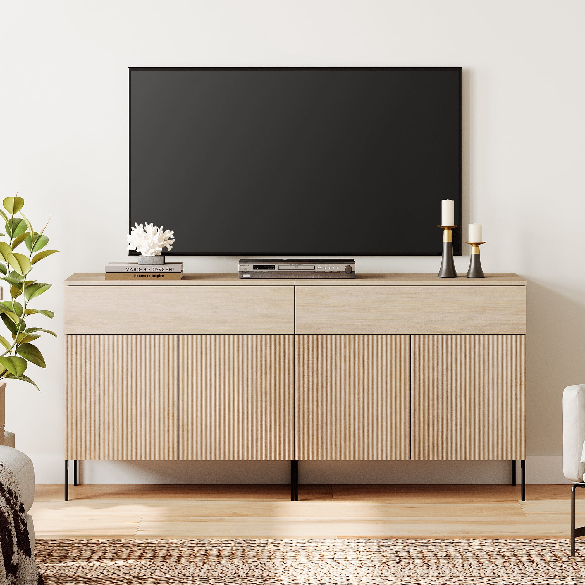 63" Modern Reeded TV Stand with Doors, Entertainment Center with Shelf, Wooden TV Console with Drawers for Living Room