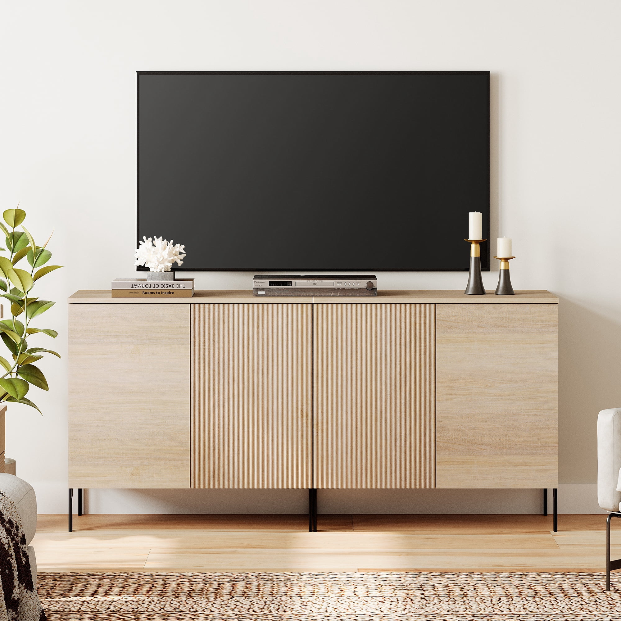 63" Modern Reeded TV Stand with Doors, Entertainment Center with Shelf, Wooden TV Console with Storage for Living Room