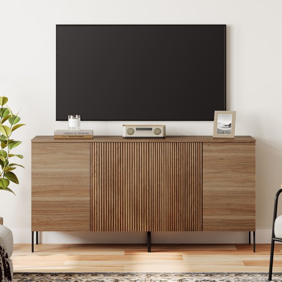 63" Modern Reeded TV Stand with Doors, Entertainment Center with Shelf, Wooden TV Console with Storage for Living Room