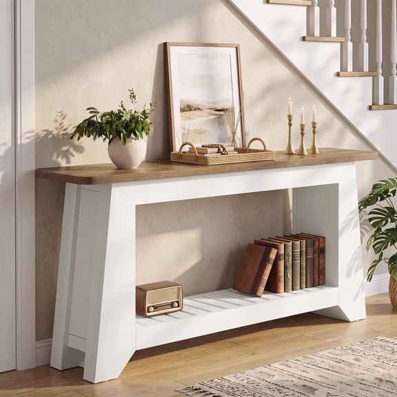 63" Modern Rustic Console Table with Slatted Storage, White & Brown Entryway Table for Hallway