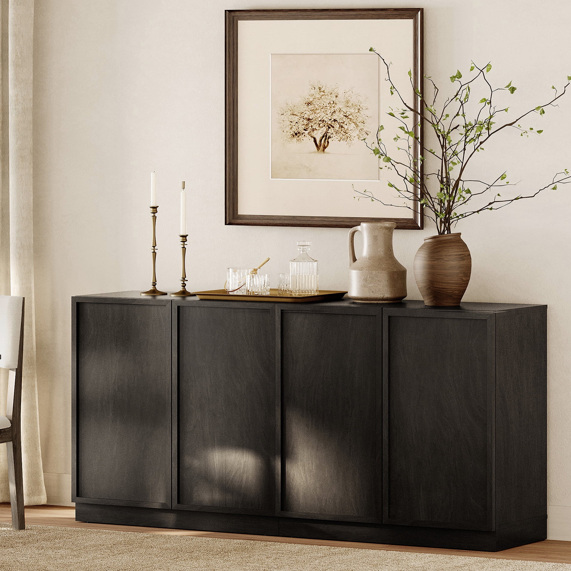 63" Modern Sideboard Buffet Cabinet with 4 Doors, Multifunctional Sideboard with Large Storage and Adjustable Shelf, Black