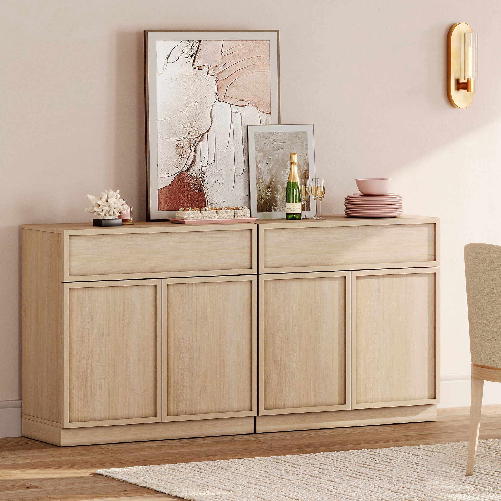 63" Modern Sideboard Buffet Cabinet with 4 Doors and Drawers, Multifunctional Sideboard with Large Storage and Adjustable Shelf, Beige