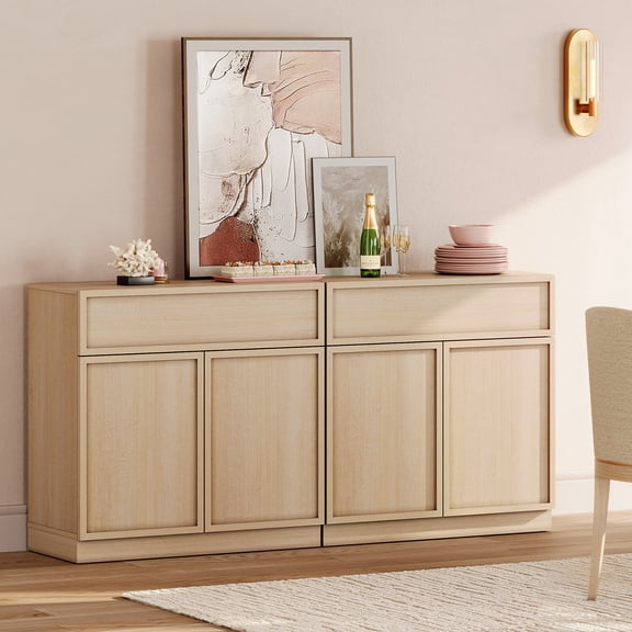 63" Modern Sideboard Buffet Cabinet with 4 Doors and Drawers, Multifunctional Sideboard with Large Storage and Adjustable Shelf, Beige