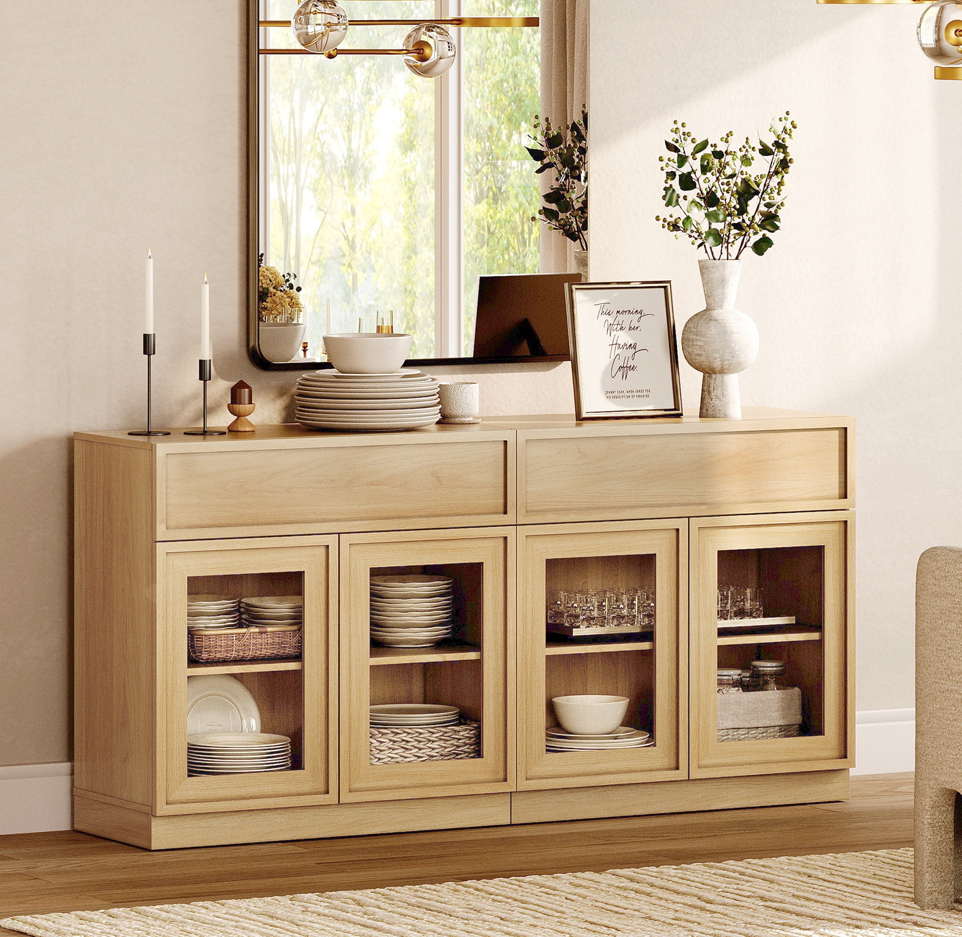 63" Modern Sideboard Buffet Cabinet with 4 Glass Doors and Drawers, Multifunctional Sideboard with Large Storage and Adjustable Shelf, Oak
